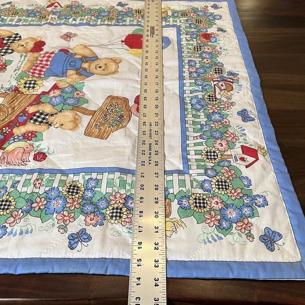 Vtg Gardening Blue Jean Teddy Bear Blanket‎ Family Baby Quilt Handmade 34